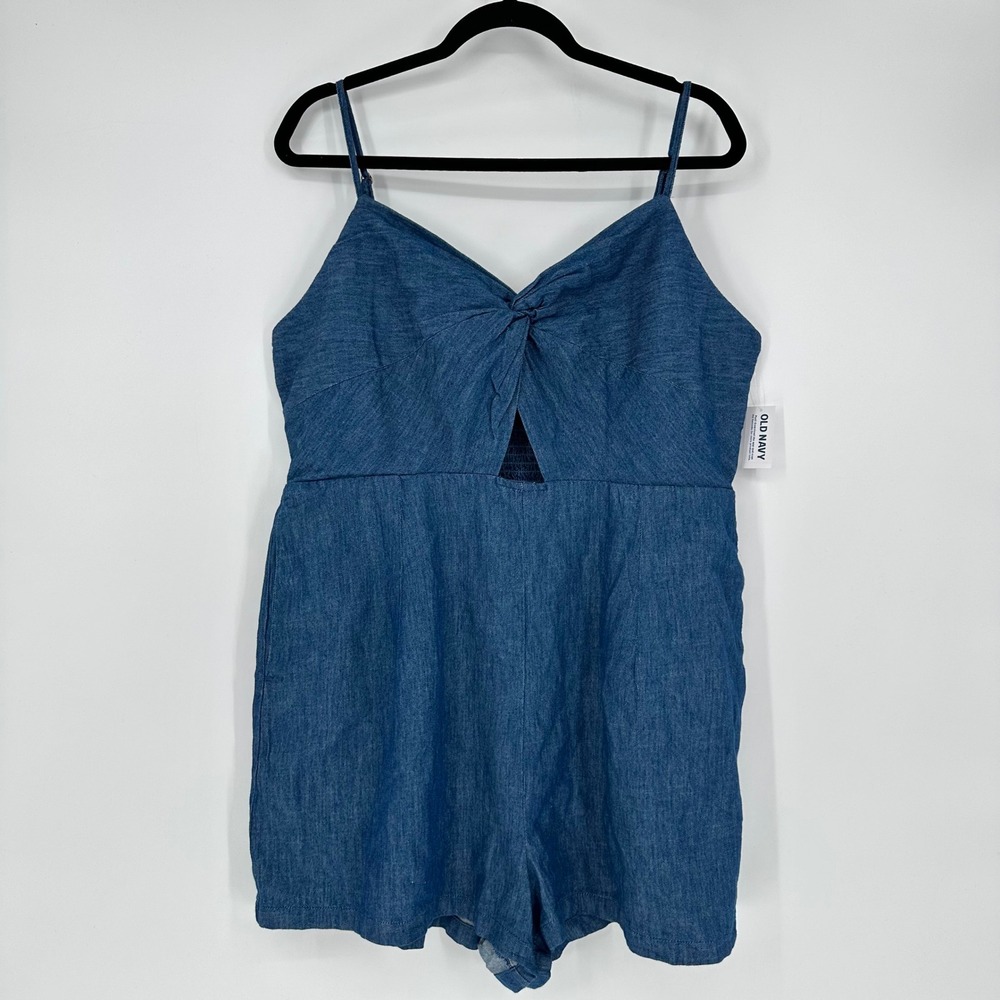 NEW Old Navy Fit & Flare Twist Front Cami Romper 1 Pc Denim Chambray Pockets XL
